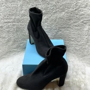 Marion Parke $650 Kate Black Stretch Suede Gold Heel Bootie EU 36.5 US 6.5
